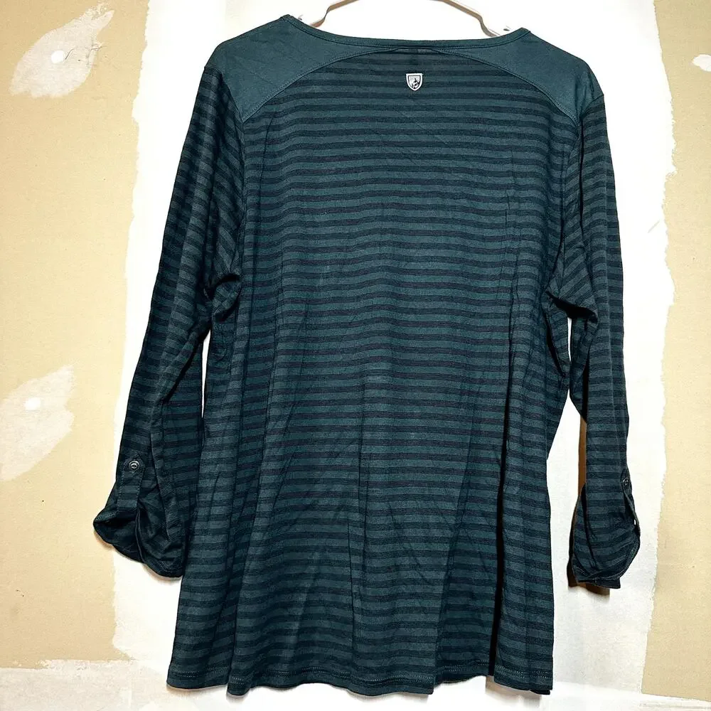 Kuhl Jive Fine Knit Shirt Top Striped 3/4 Sleeve Crewneck Front Pocket Green 1X